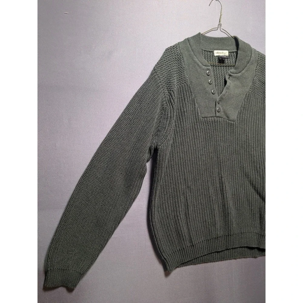 Vintage Eddie Bauer Henley Sweater Men's Large Green Chunky Knitted Classic Fit